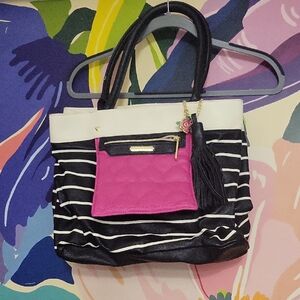 Betsey Johnson Black and Pink Striped Tote
